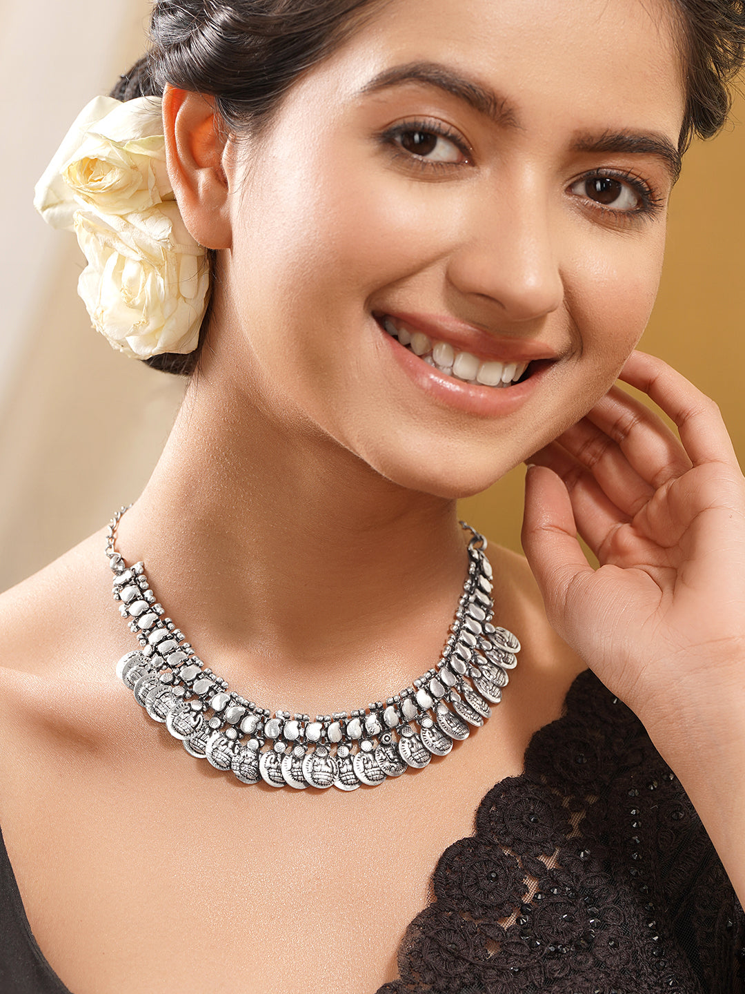 Oxidised Silver Coin Statement Necklace フリーサイズ