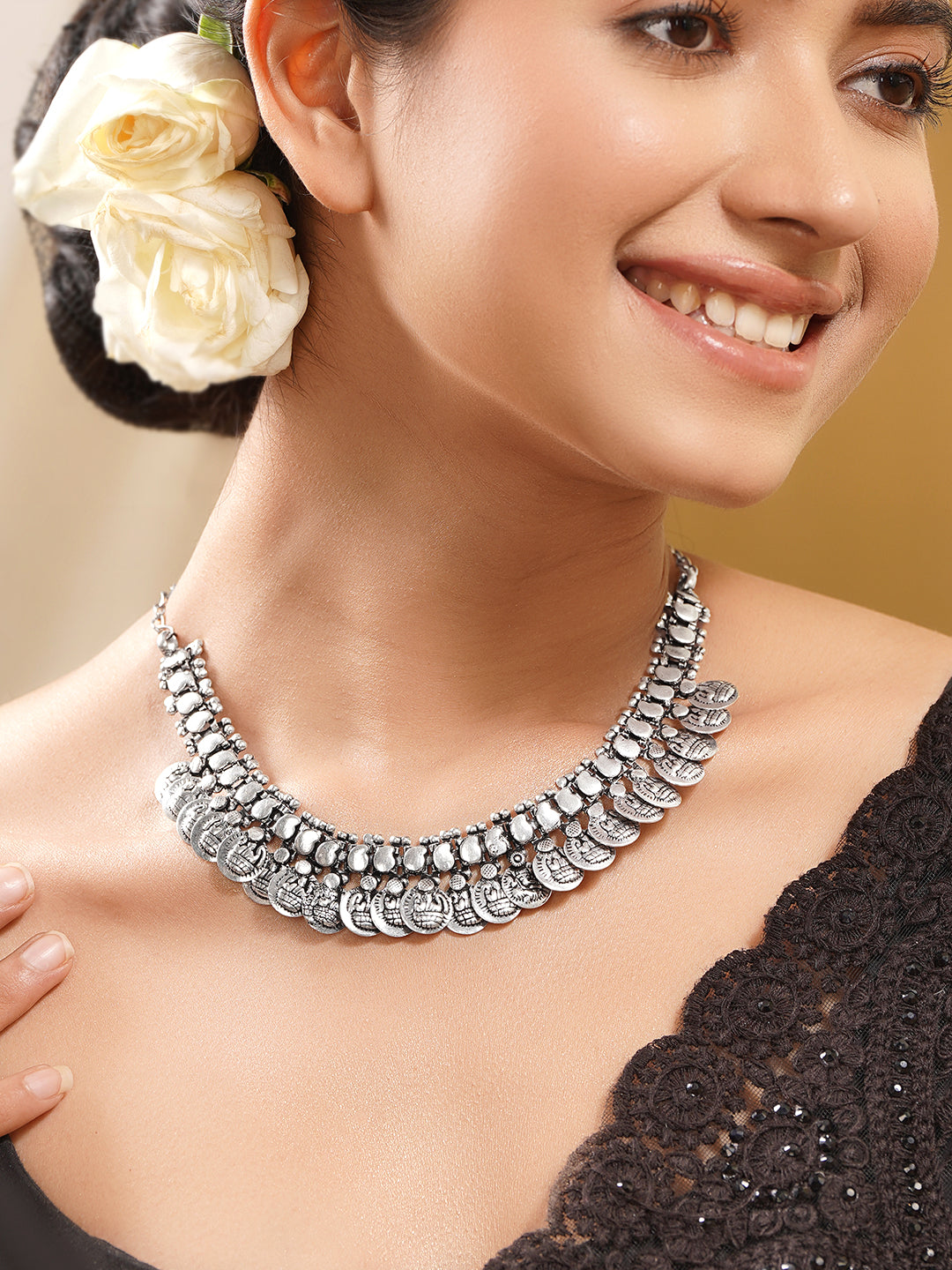 Oxidised Silver Coin Statement Necklace フリーサイズ