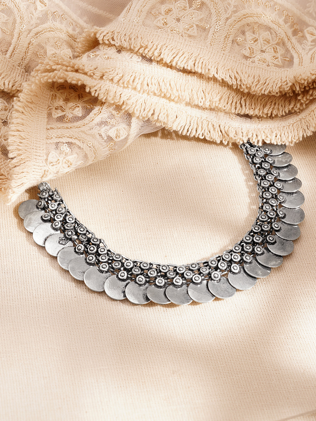Oxidised Silver Coin Statement Necklace フリーサイズ