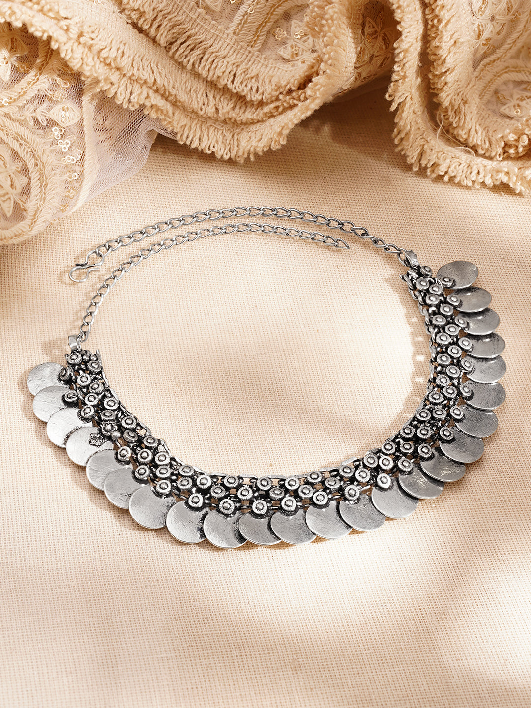 Oxidised Silver Coin Statement Necklace フリーサイズ