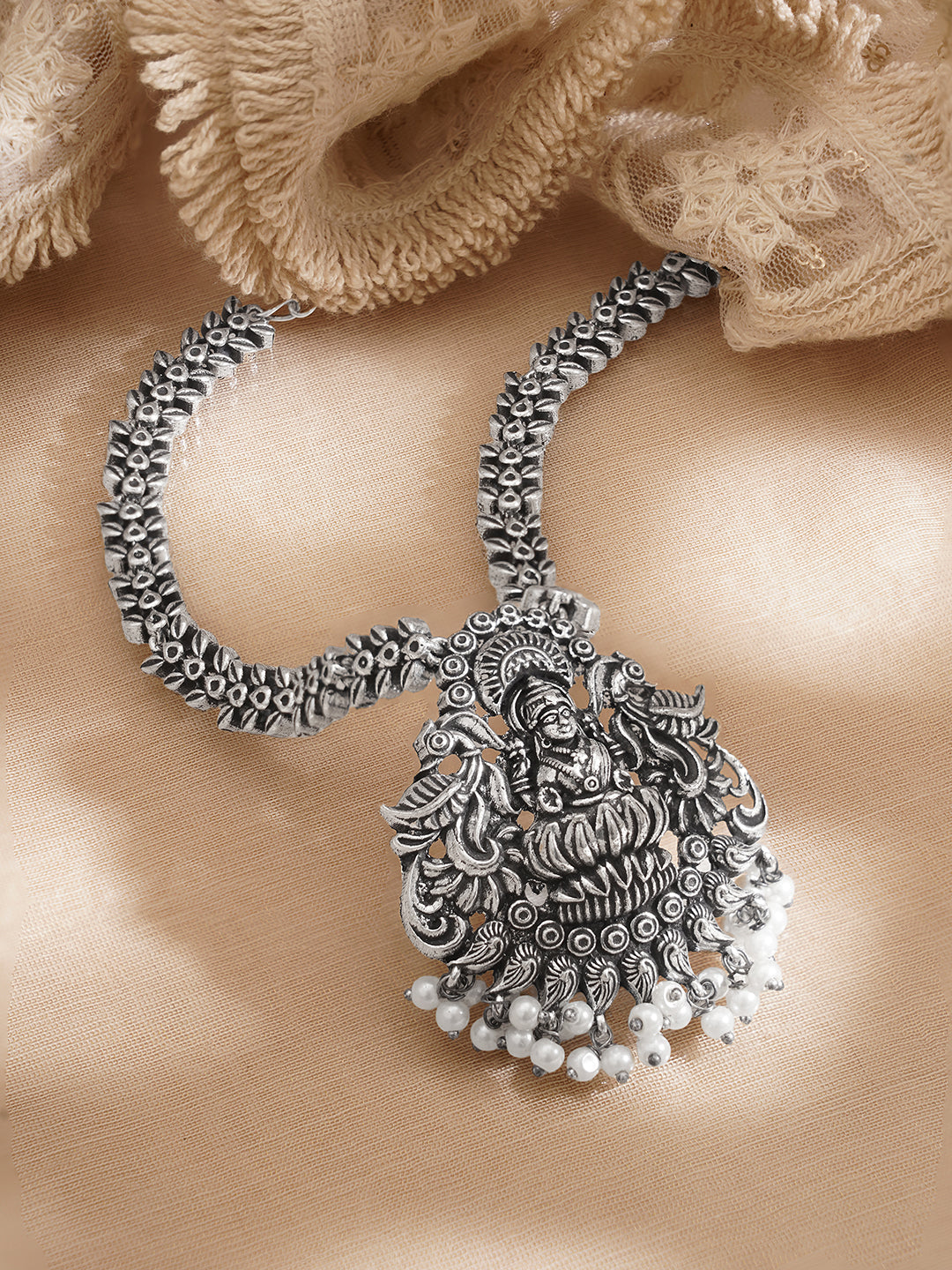 Oxidised Silver Tone Brass Temple Motif Pearl Drop Long Necklace フリーサイズ