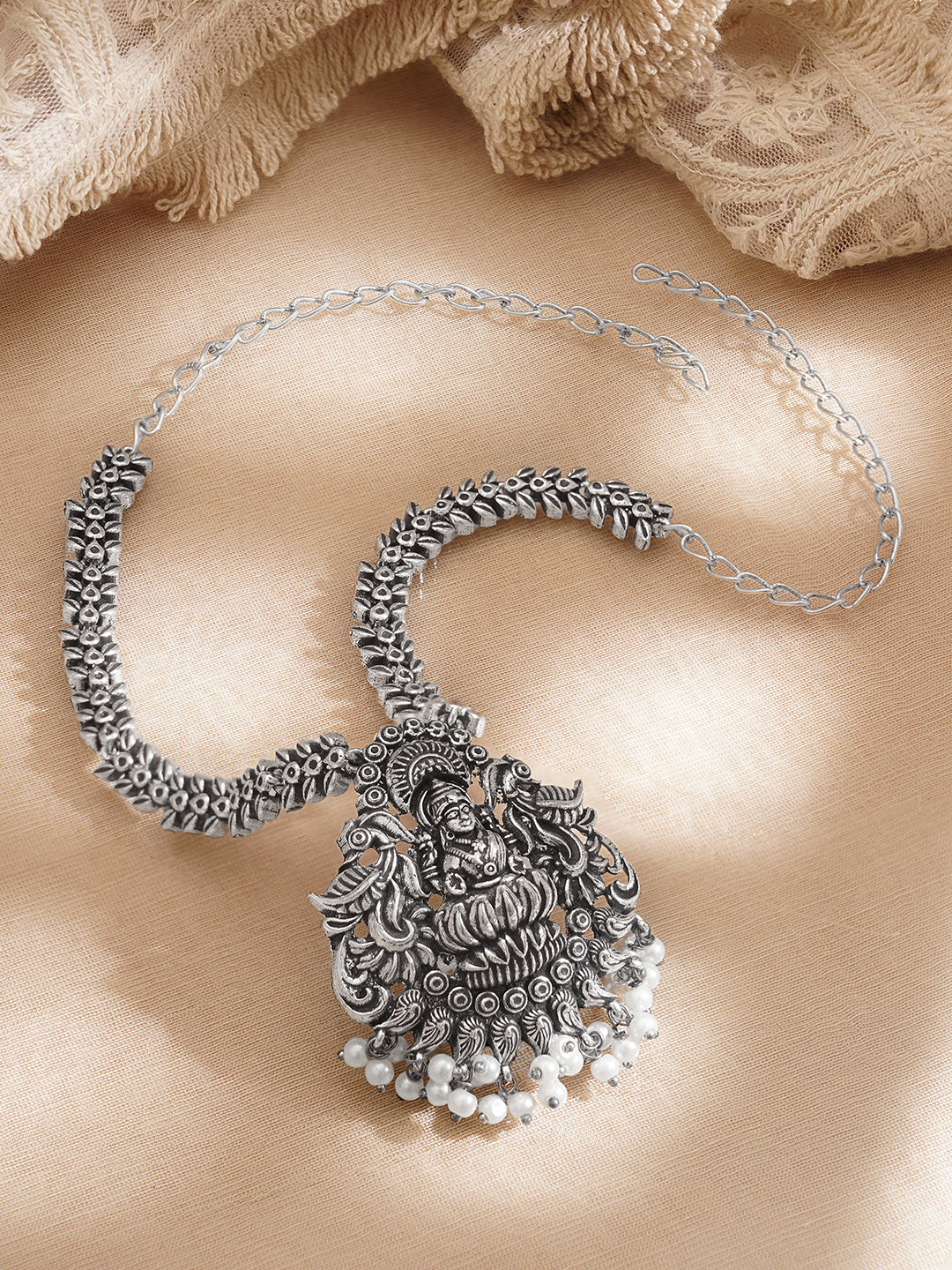 Oxidised Silver Tone Brass Temple Motif Pearl Drop Long Necklace フリーサイズ