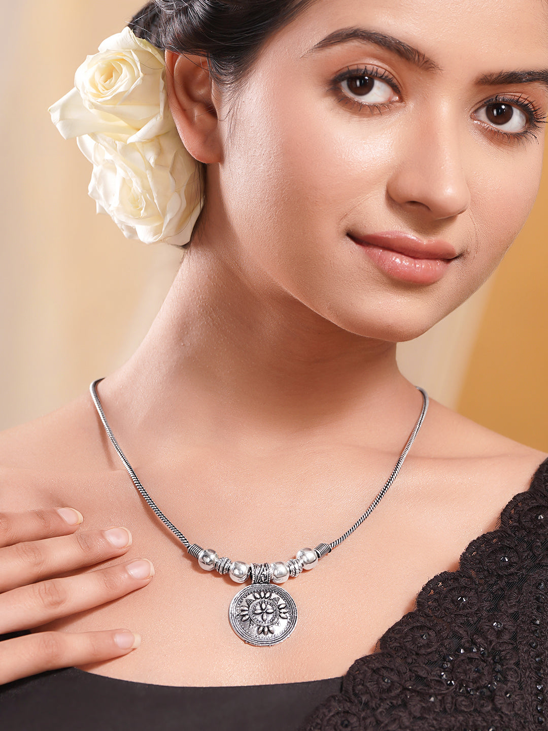 Oxidised Silver Tone Brass Engraved Motif Long Necklace フリーサイズ