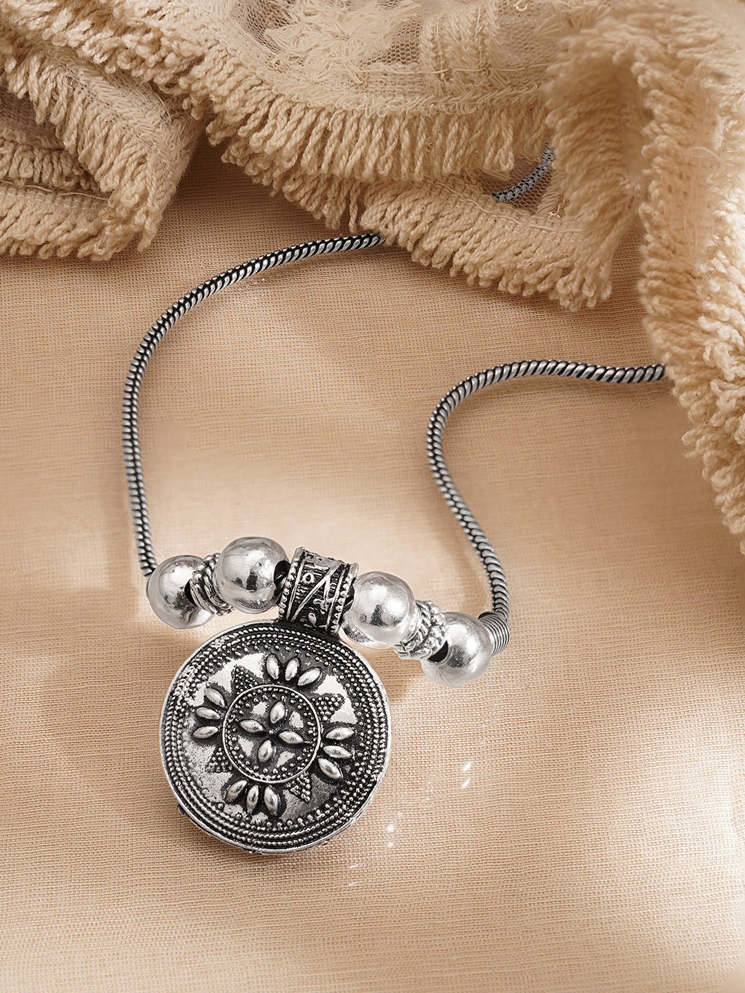 Oxidised Silver Tone Brass Engraved Motif Long Necklace フリーサイズ