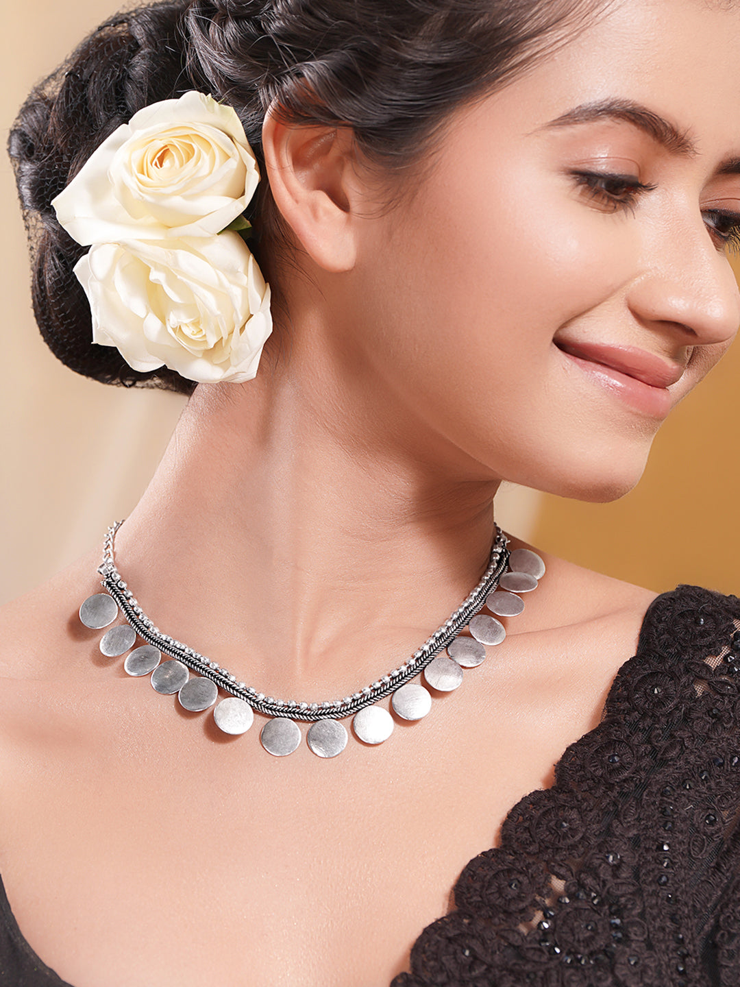 Oxidised Silver Tone Brass Coin Design Statement Necklace フリーサイズ