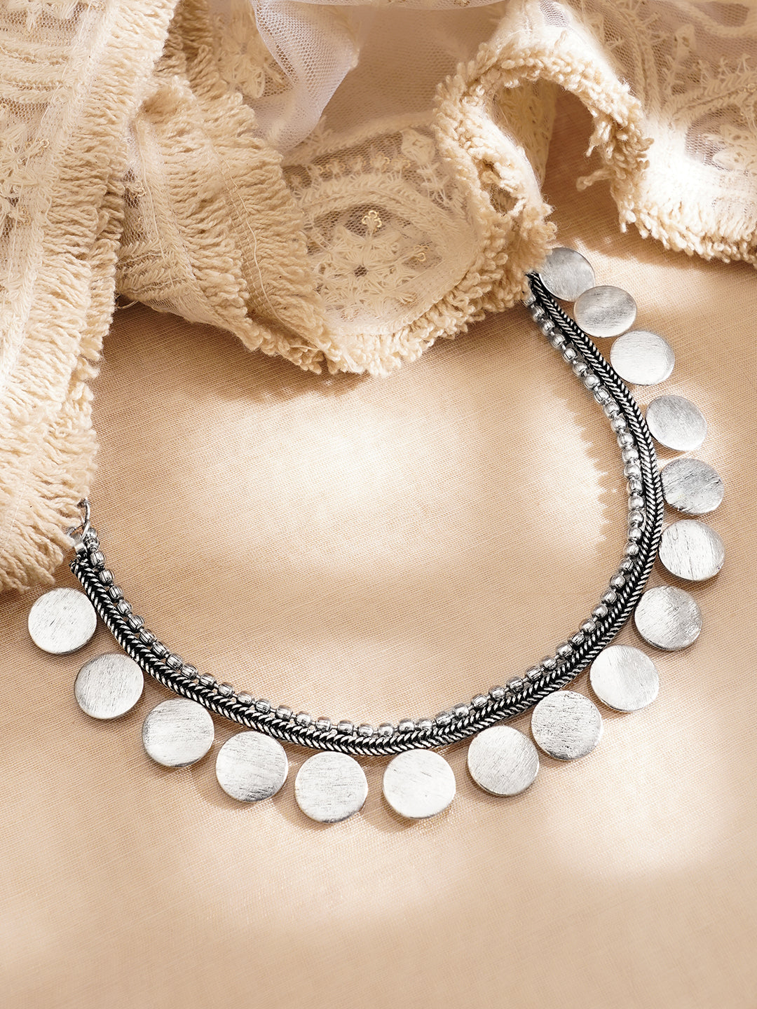 Oxidised Silver Tone Brass Coin Design Statement Necklace フリーサイズ