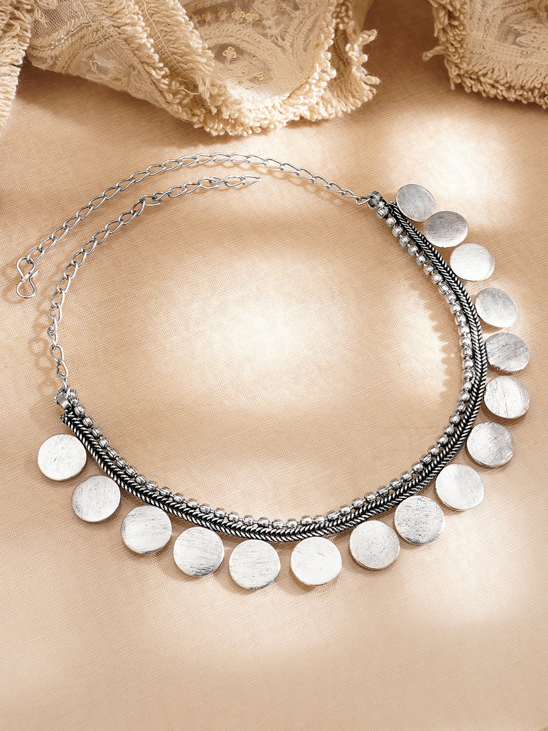 Oxidised Silver Tone Brass Coin Design Statement Necklace フリーサイズ