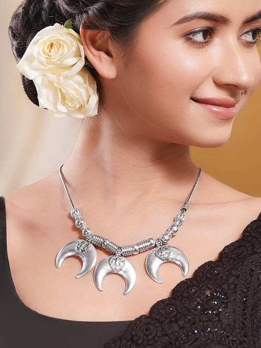 Oxidised Silver Tone Brass Bold Moon Statement Necklace フリーサイズ