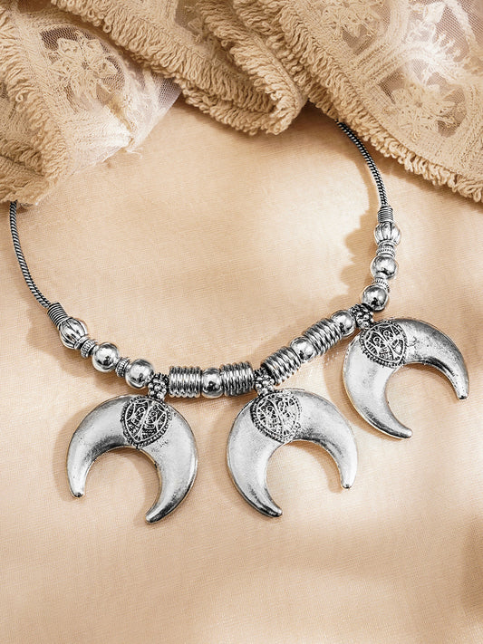 Oxidised Silver Tone Brass Bold Moon Statement Necklace フリーサイズ