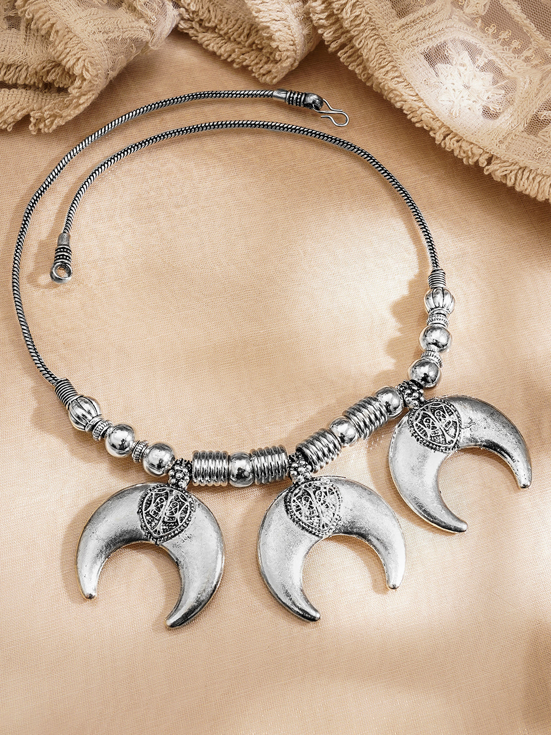 Oxidised Silver Tone Brass Bold Moon Statement Necklace フリーサイズ