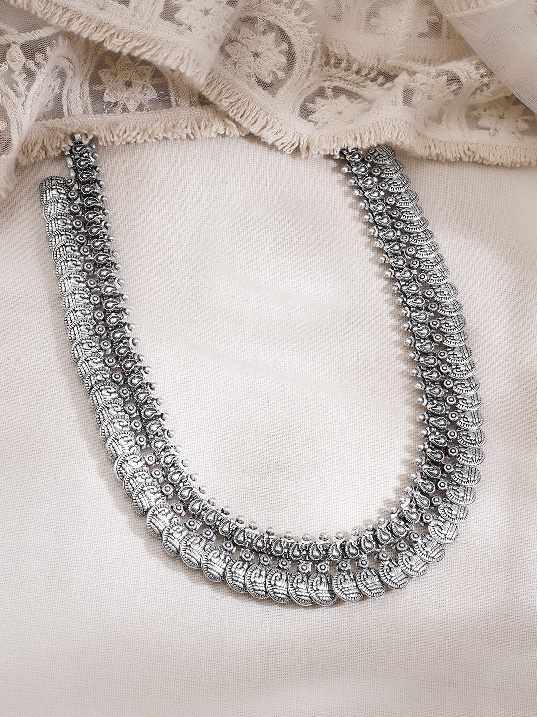 Oxidised Layered Coin Statement Necklace フリーサイズ