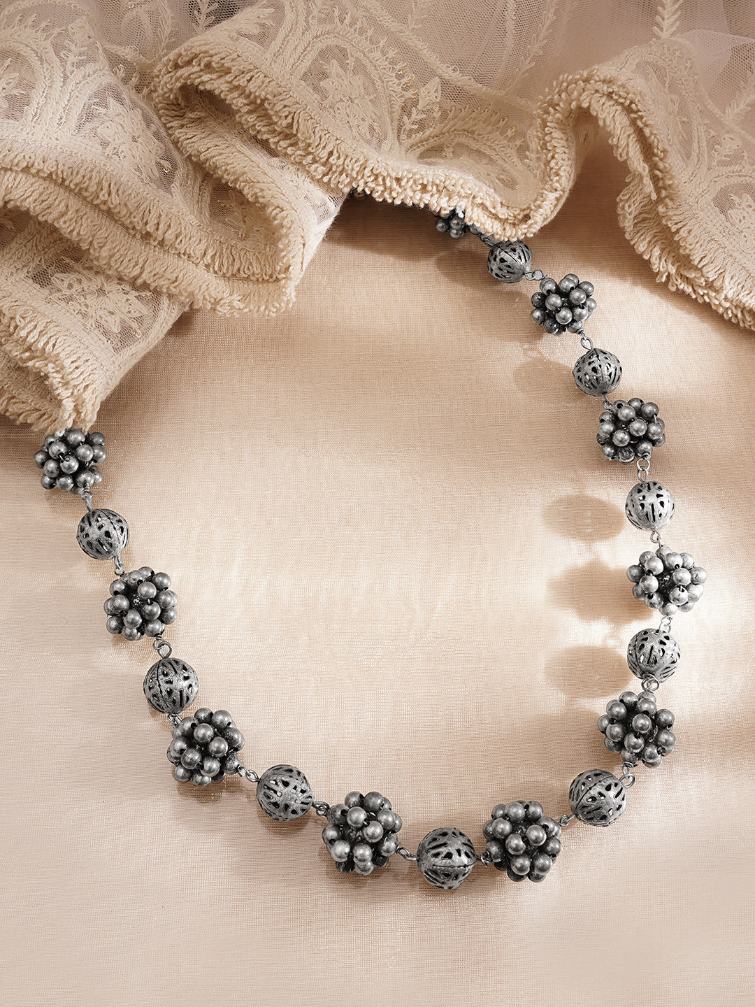 Rubans Women Silver Brass Oxidised Beaded Statement Long Necklace フリーサイズ