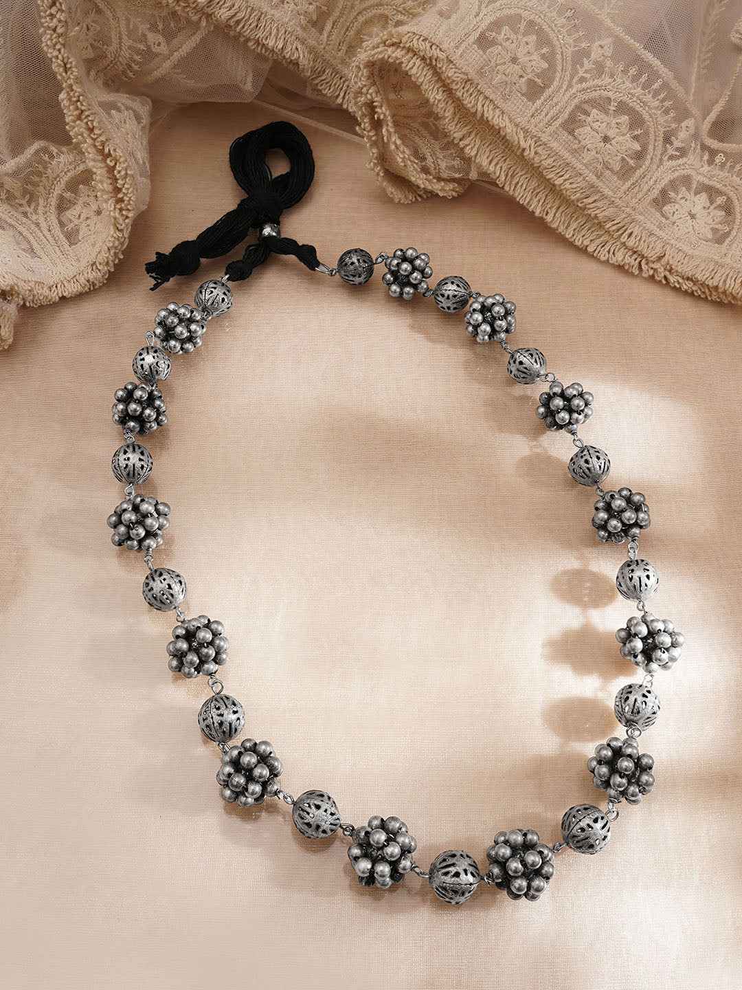 Rubans Women Silver Brass Oxidised Beaded Statement Long Necklace フリーサイズ