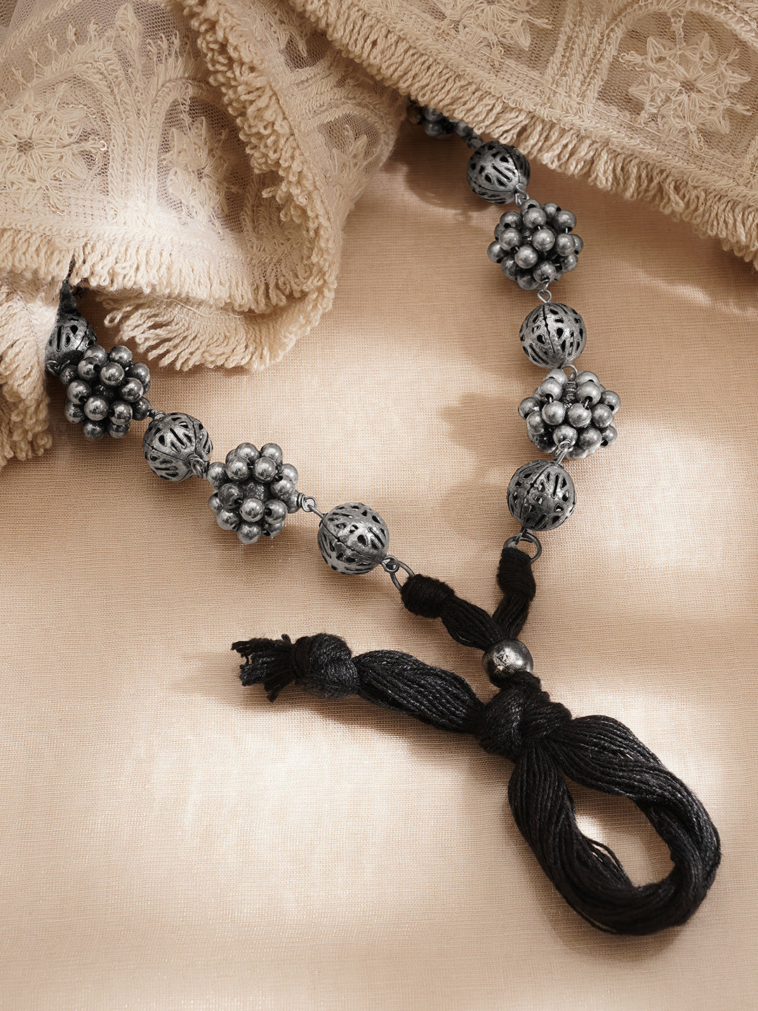 Rubans Women Silver Brass Oxidised Beaded Statement Long Necklace フリーサイズ