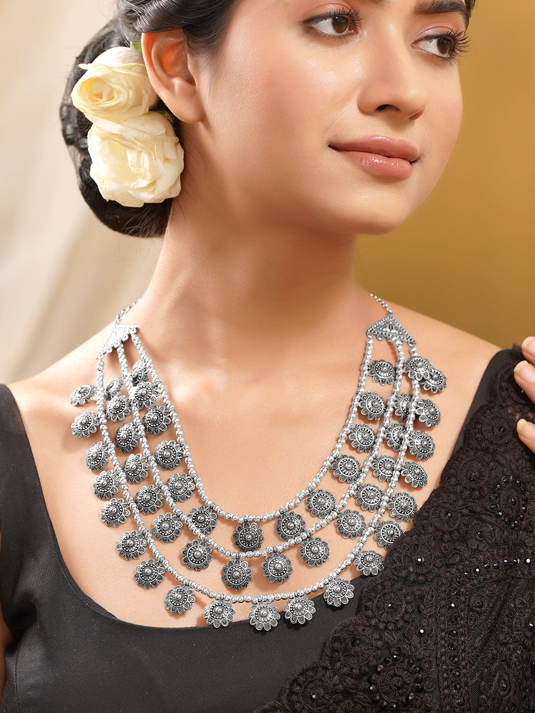 Oxidised Coin Detail Statement Necklace フリーサイズ