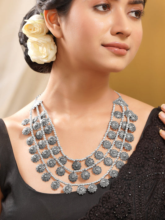 Oxidised Coin Detail Statement Necklace フリーサイズ