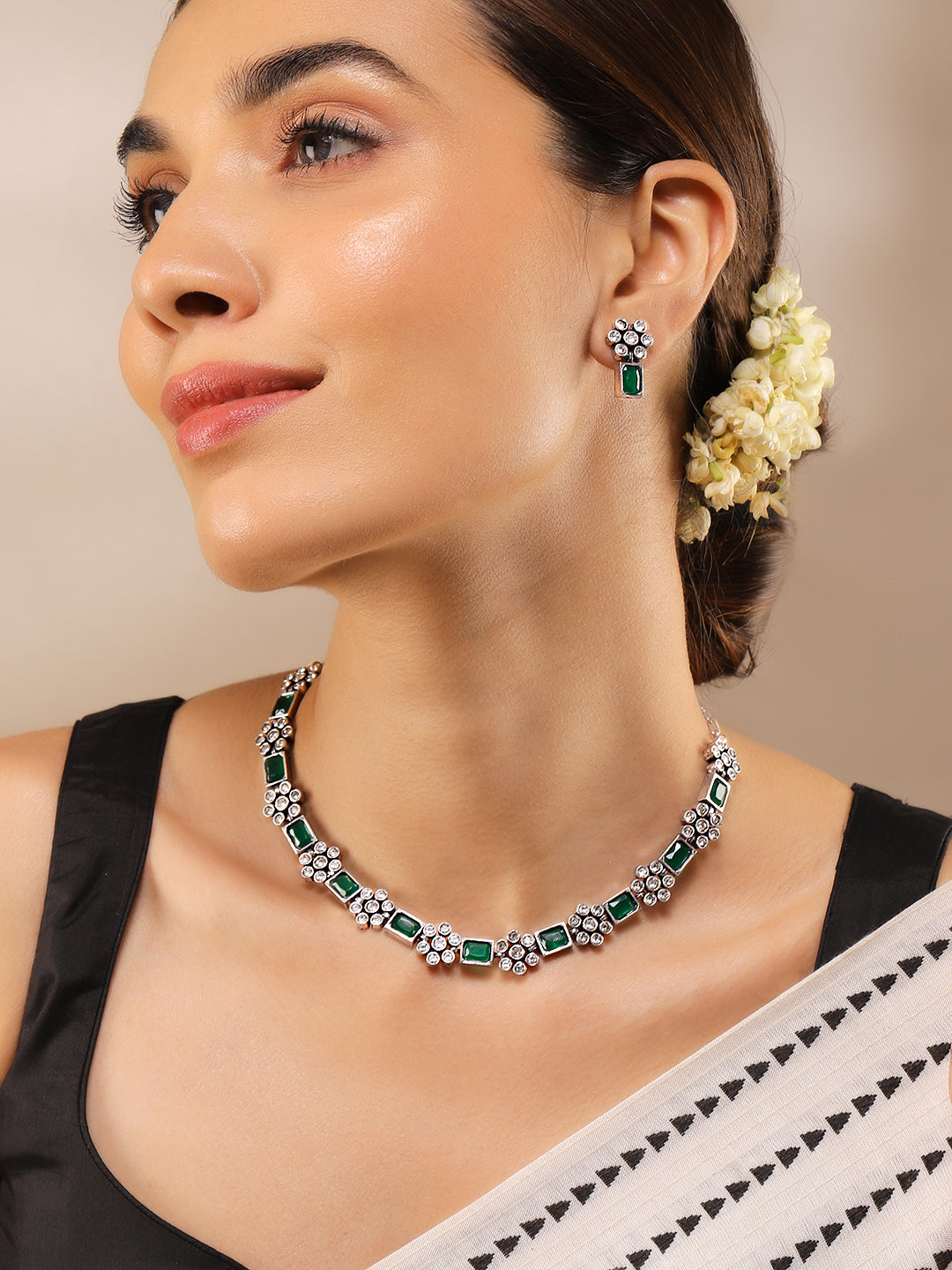 Rubans Oxidised Silver Plated Handcrafted Green Stone Floral Necklace Set Silver