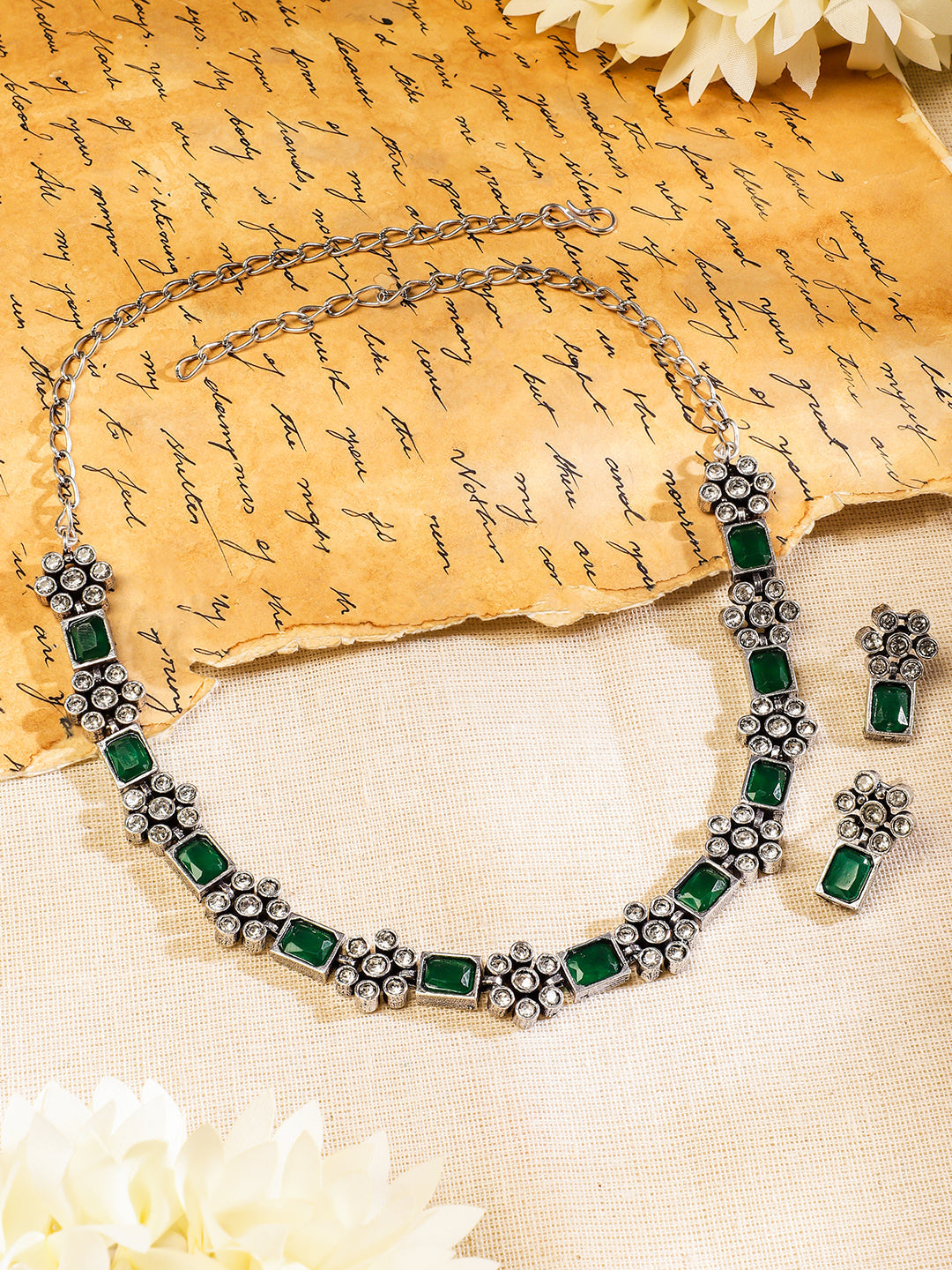 Rubans Oxidised Silver Plated Handcrafted Green Stone Floral Necklace Set Silver