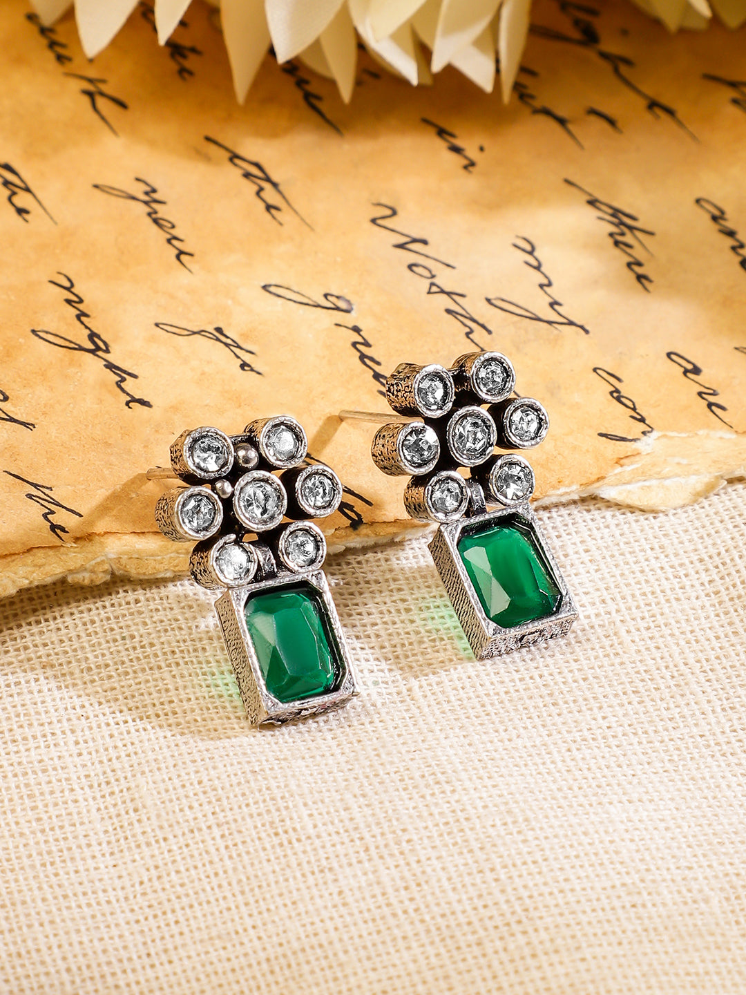 Rubans Oxidised Silver Plated Handcrafted Green Stone Floral Necklace Set Silver