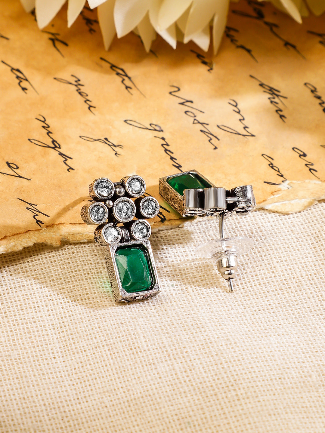 Rubans Oxidised Silver Plated Handcrafted Green Stone Floral Necklace Set Silver