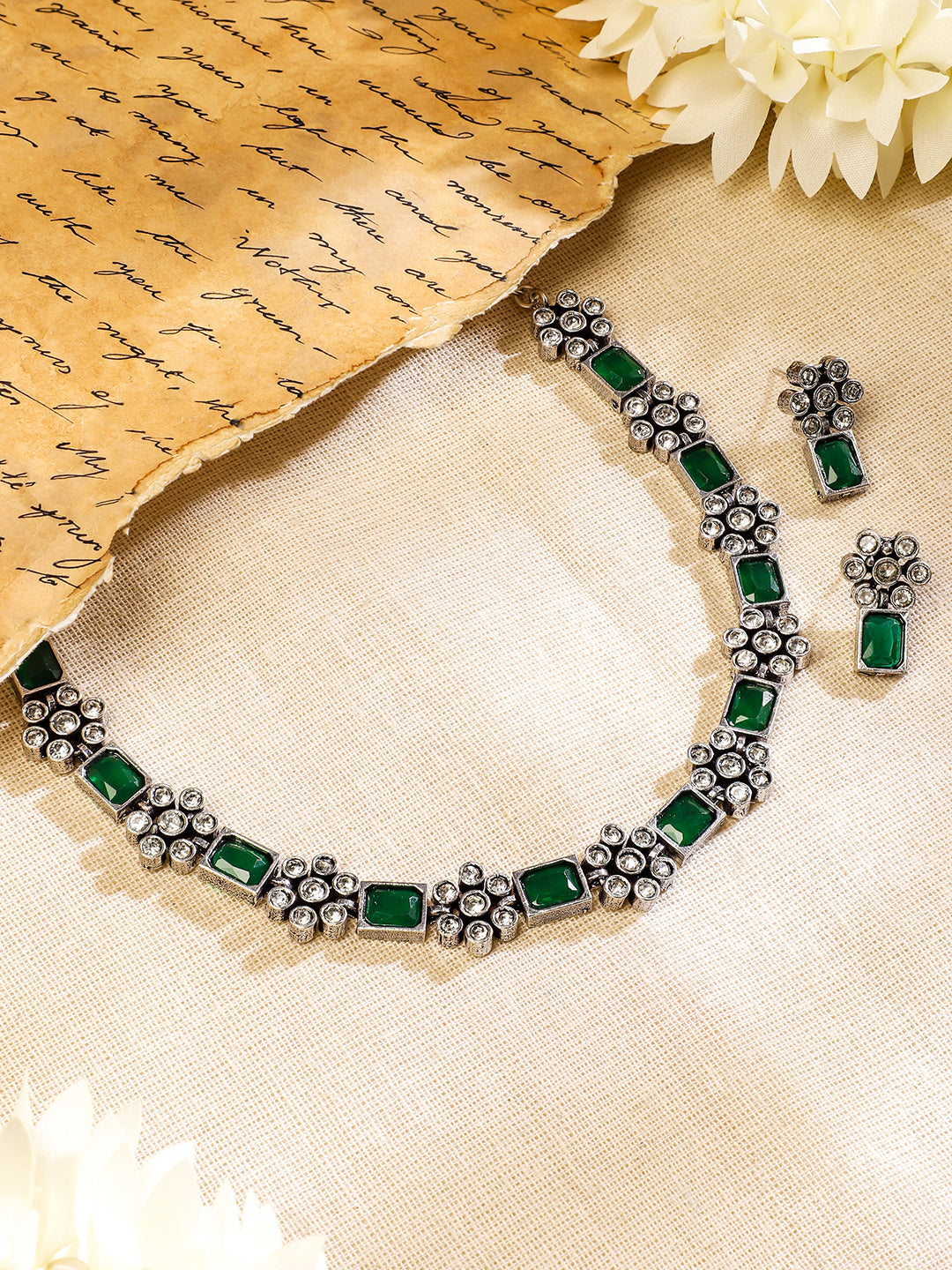 Rubans Oxidised Silver Plated Handcrafted Green Stone Floral Necklace Set Silver