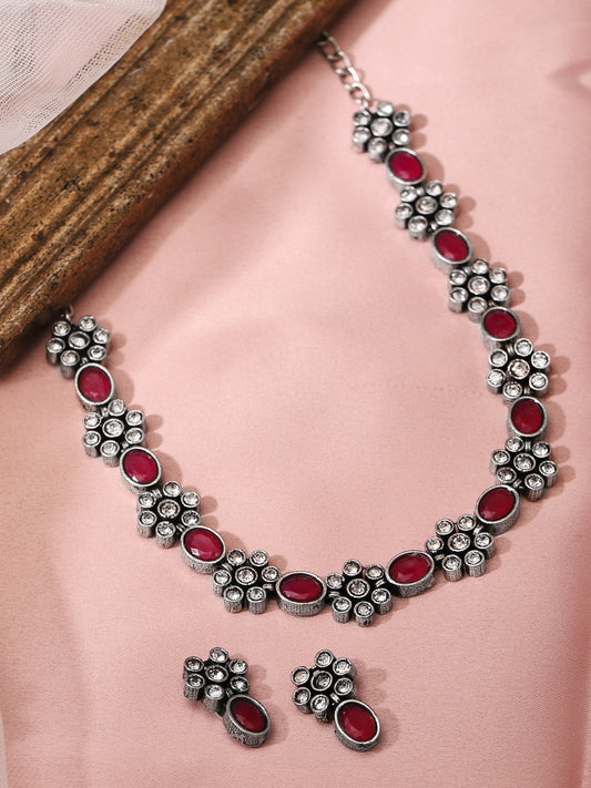 Rubans Oxidised Silver Plated Handcrafted Ruby Stone Necklace Set Silver