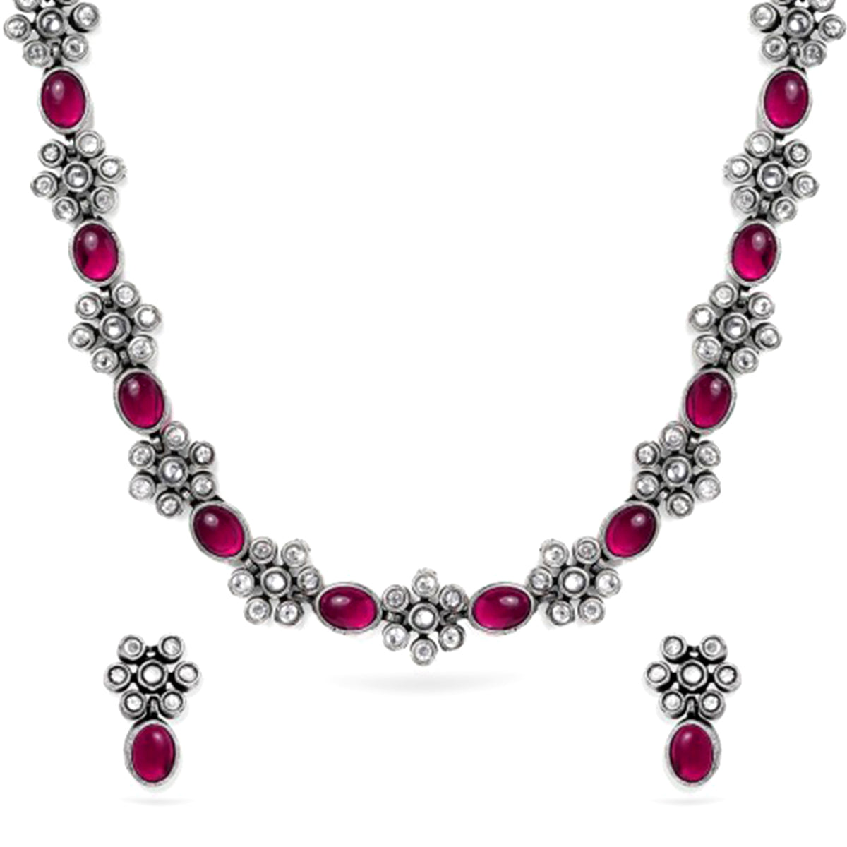 Rubans Oxidised Silver Plated Handcrafted Ruby Stone Necklace Set Silver