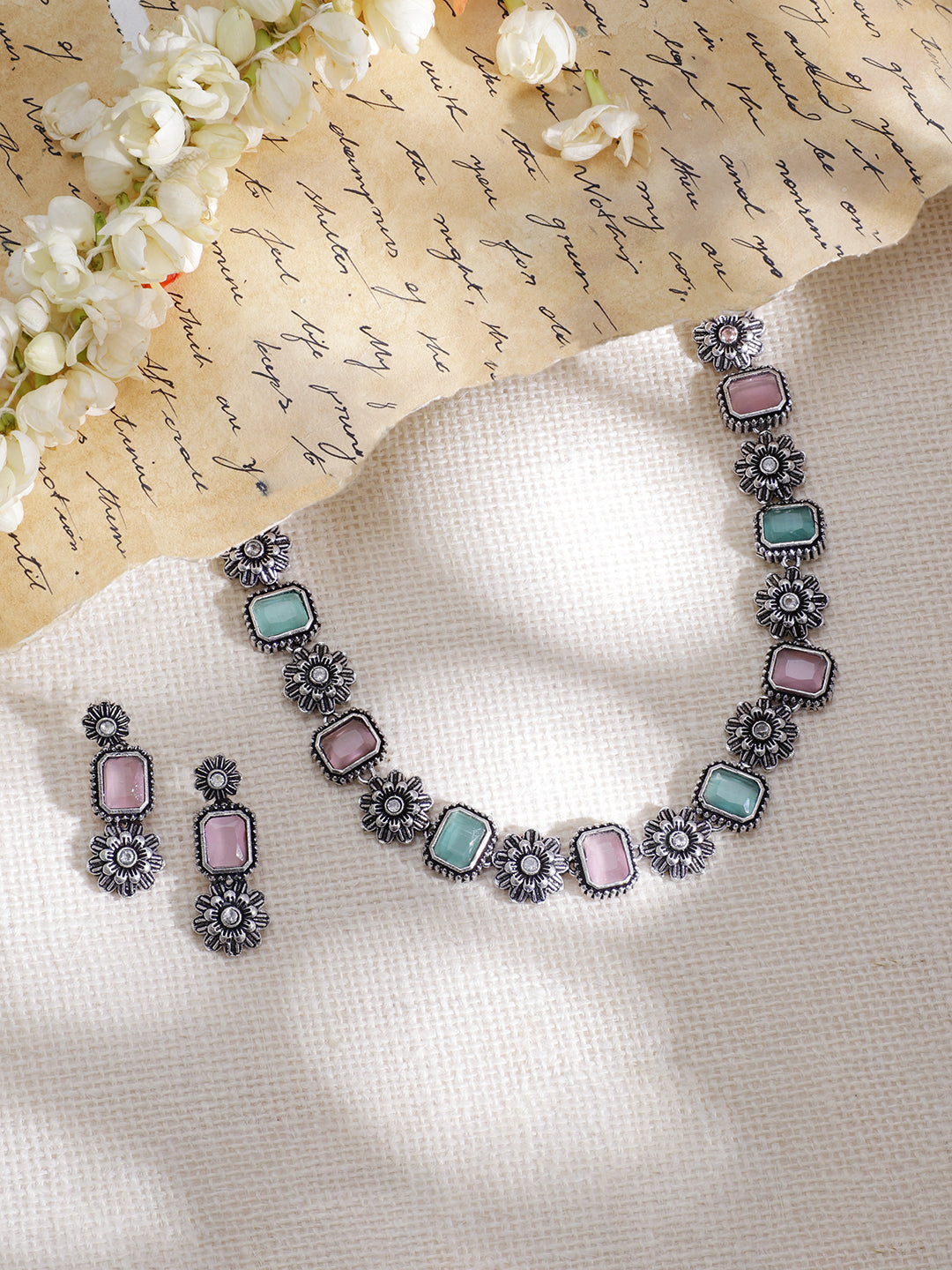Pink & Blue Oxidized Floral Necklace Set Silver
