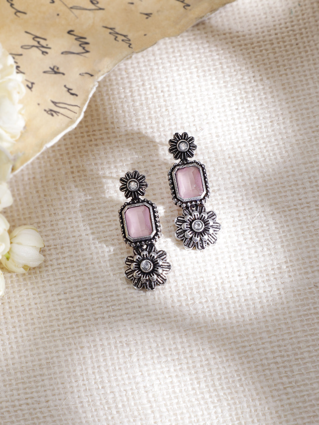Pink & Blue Oxidized Floral Necklace Set Silver