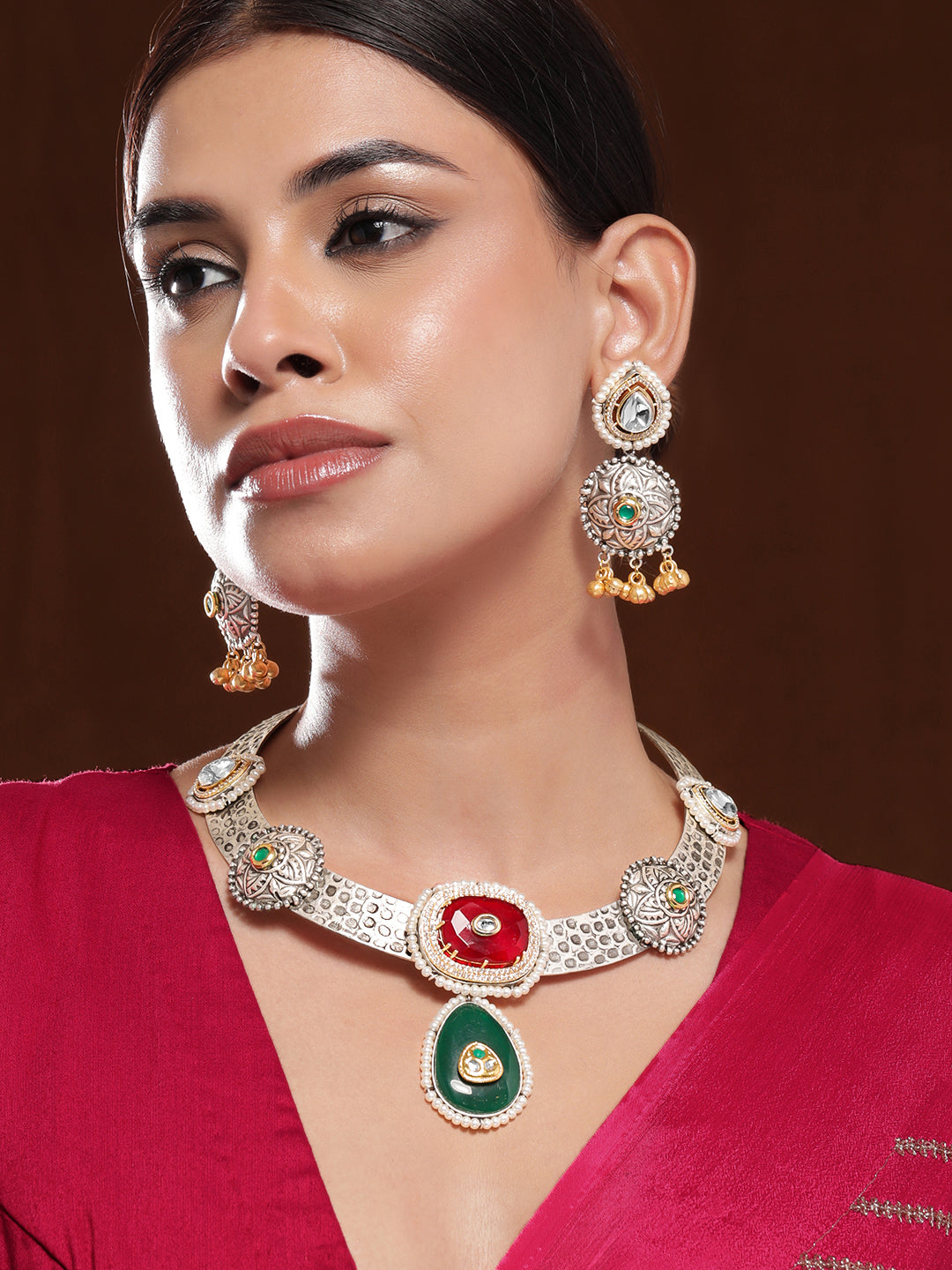 Ruby & Emerald Oxidized Choker Set Ruby & Green