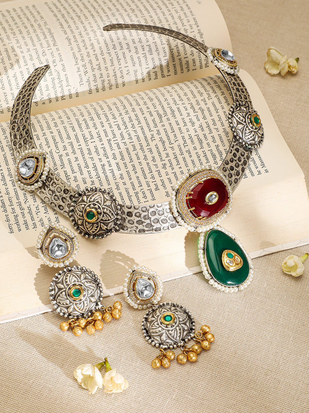 Ruby & Emerald Oxidized Choker Set Ruby & Green