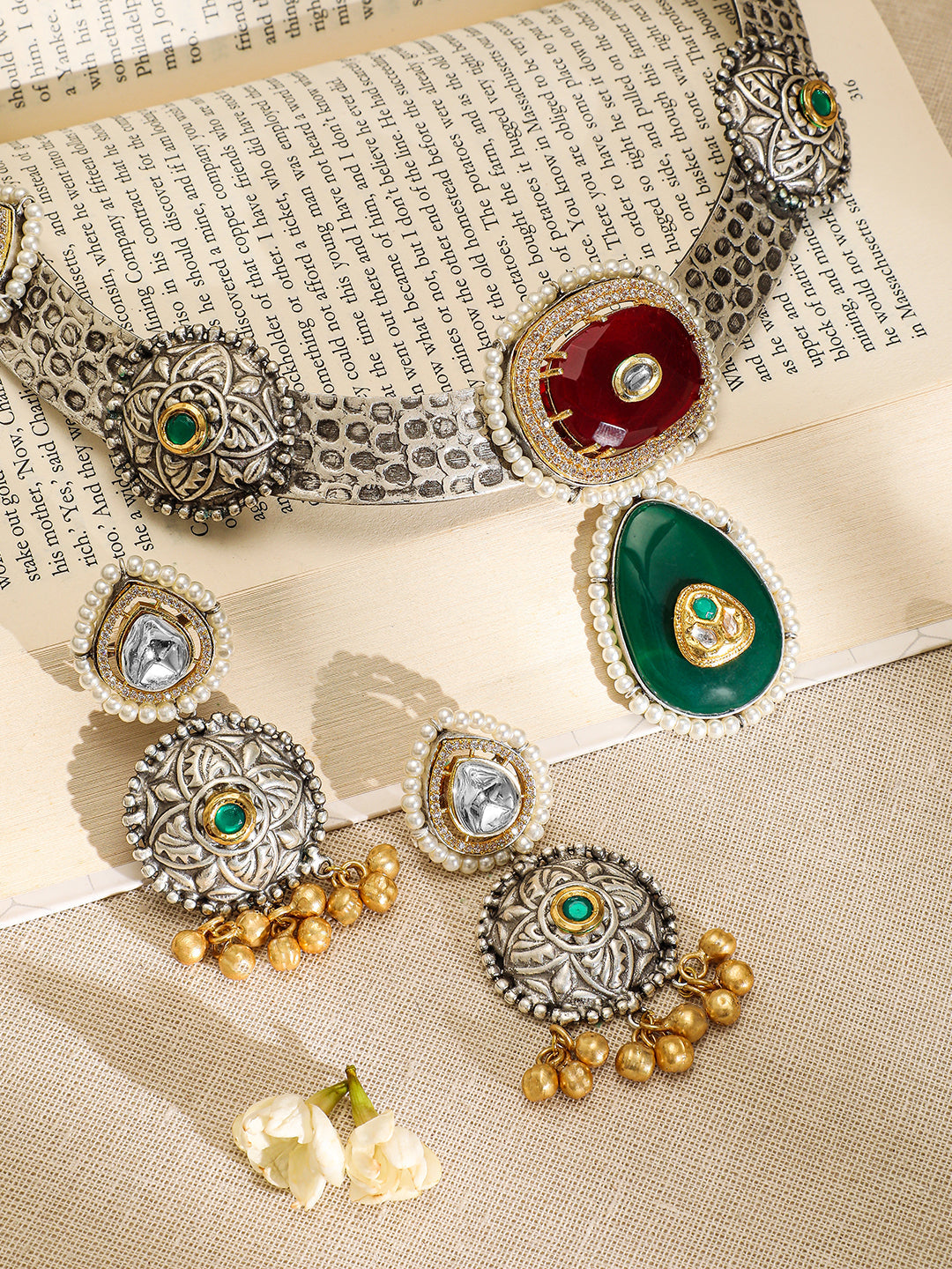 Ruby & Emerald Oxidized Choker Set Ruby & Green