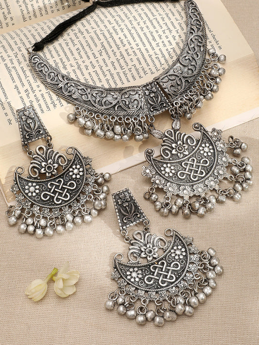Oxidized Silver Beaded Floral Necklace Set Silver