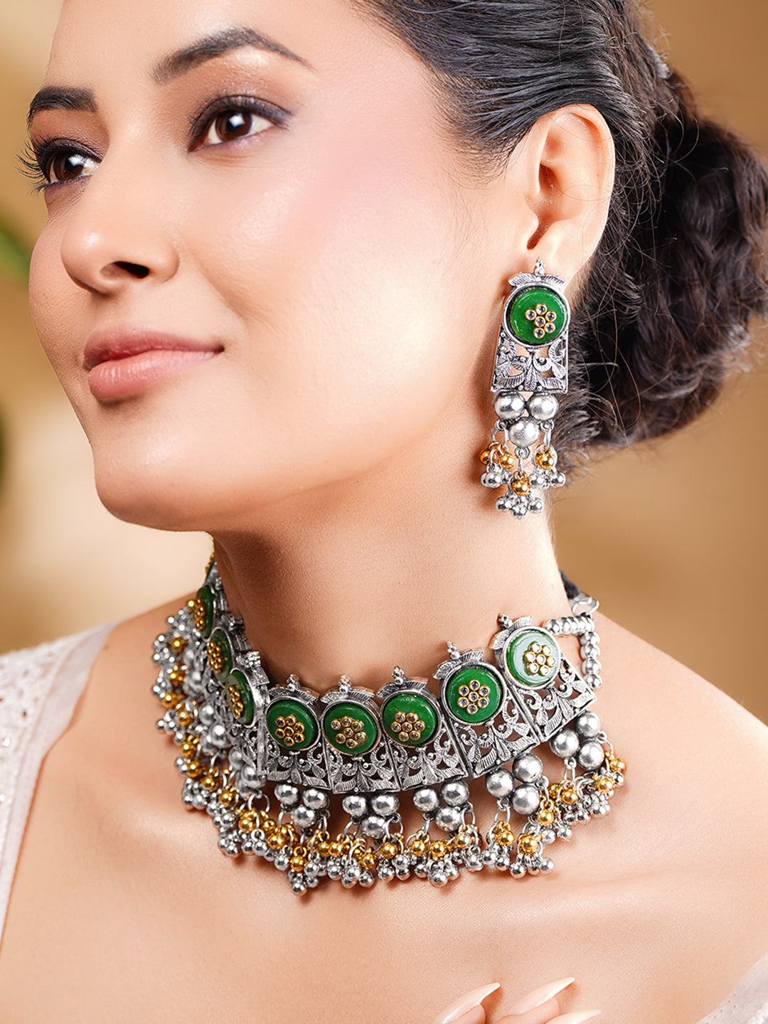 【Rubans】 Oxidised Green Enamel Ghungroo Charm Choker Necklace Set｜オキシダイズド グリーンエナメル グングルー チョーカーネックレスセット