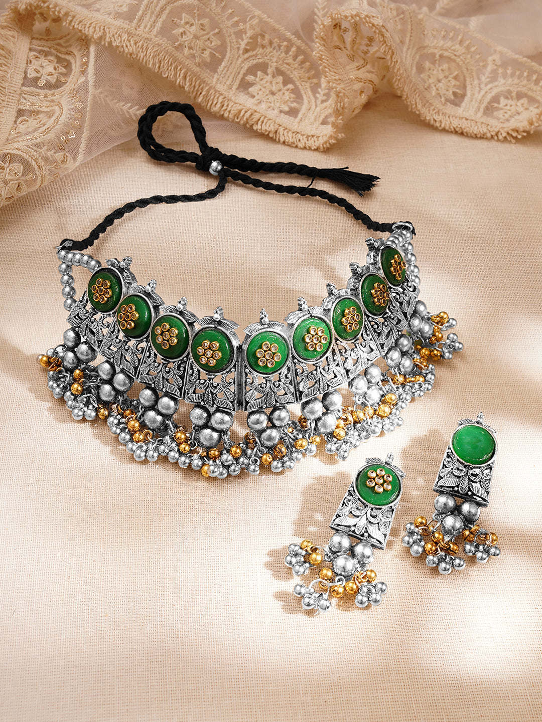 【Rubans】 Oxidised Green Enamel Ghungroo Charm Choker Necklace Set｜オキシダイズド グリーンエナメル グングルー チョーカーネックレスセット