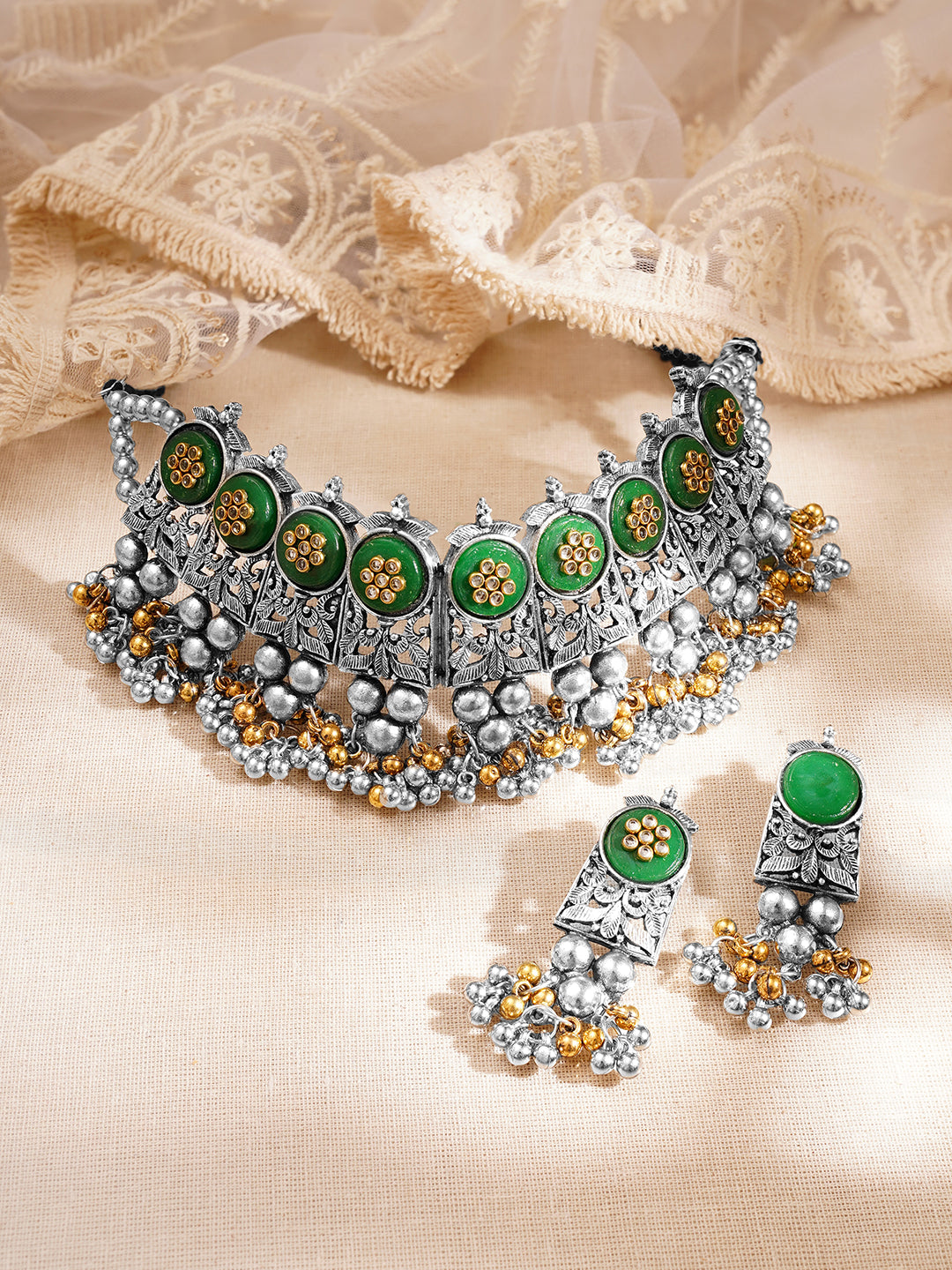 【Rubans】 Oxidised Green Enamel Ghungroo Charm Choker Necklace Set｜オキシダイズド グリーンエナメル グングルー チョーカーネックレスセット
