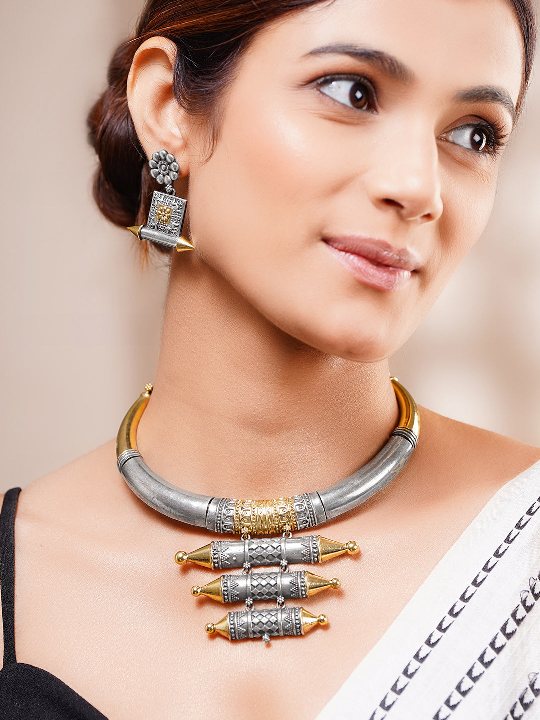 Oxidised Dual Tone Collar Necklace Set フリーサイズ