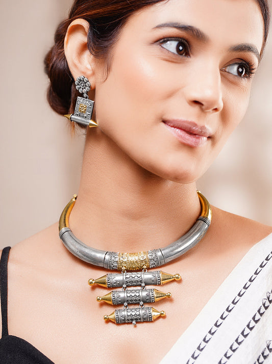 Oxidised Dual Tone Collar Necklace Set フリーサイズ