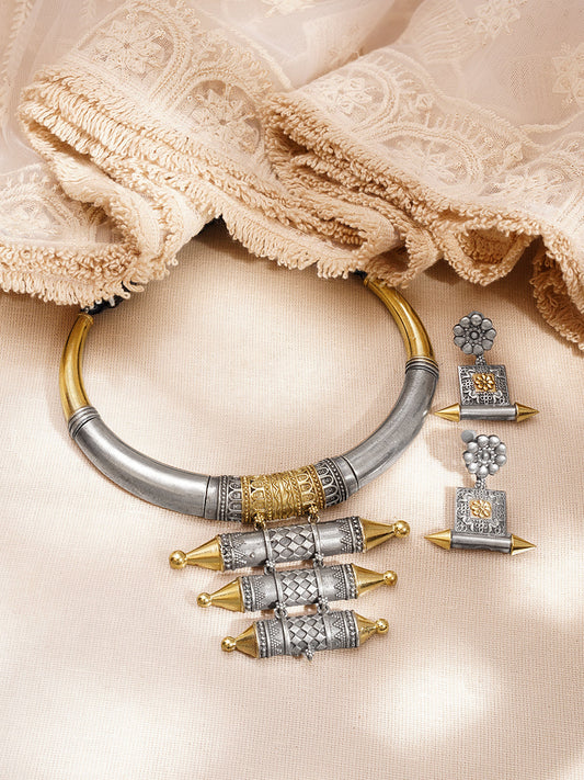 Oxidised Dual Tone Collar Necklace Set フリーサイズ