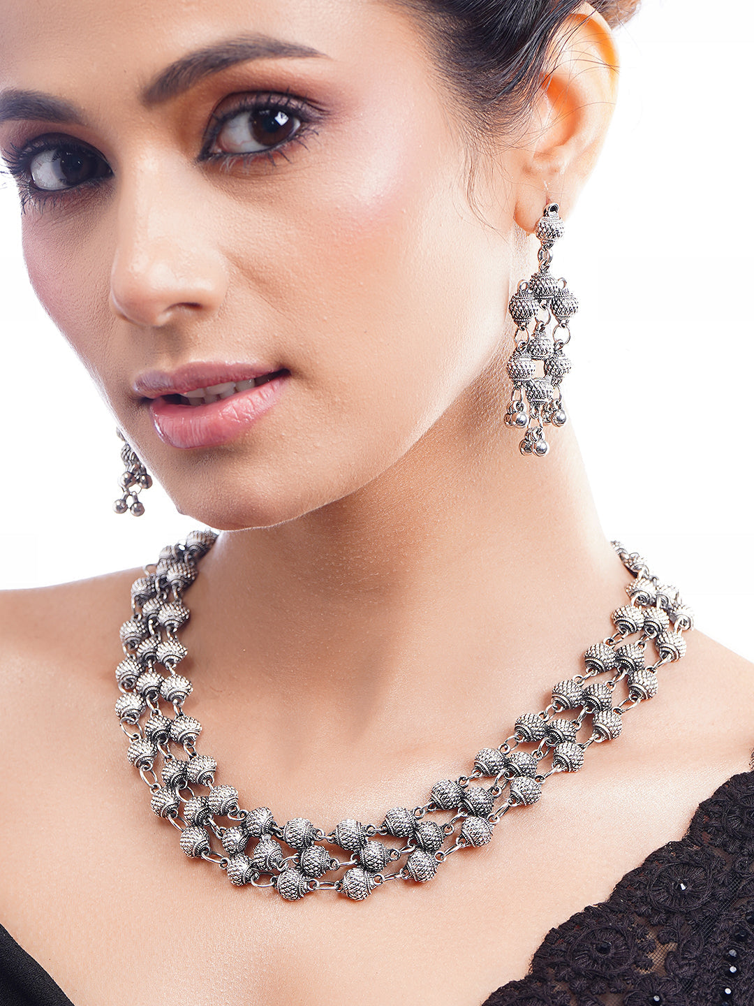 【Rubans】 Oxidised Textured Beaded Layered Statement Necklace Set｜オキシダイズド テクスチャード ビーズ レイヤード ステートメント ネックレスセット