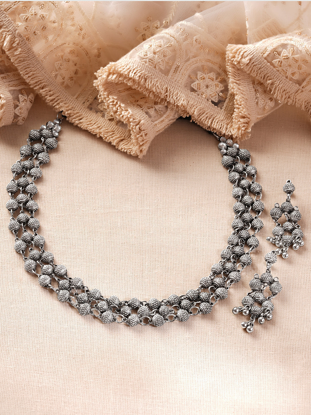 【Rubans】 Oxidised Textured Beaded Layered Statement Necklace Set｜オキシダイズド テクスチャード ビーズ レイヤード ステートメント ネックレスセット