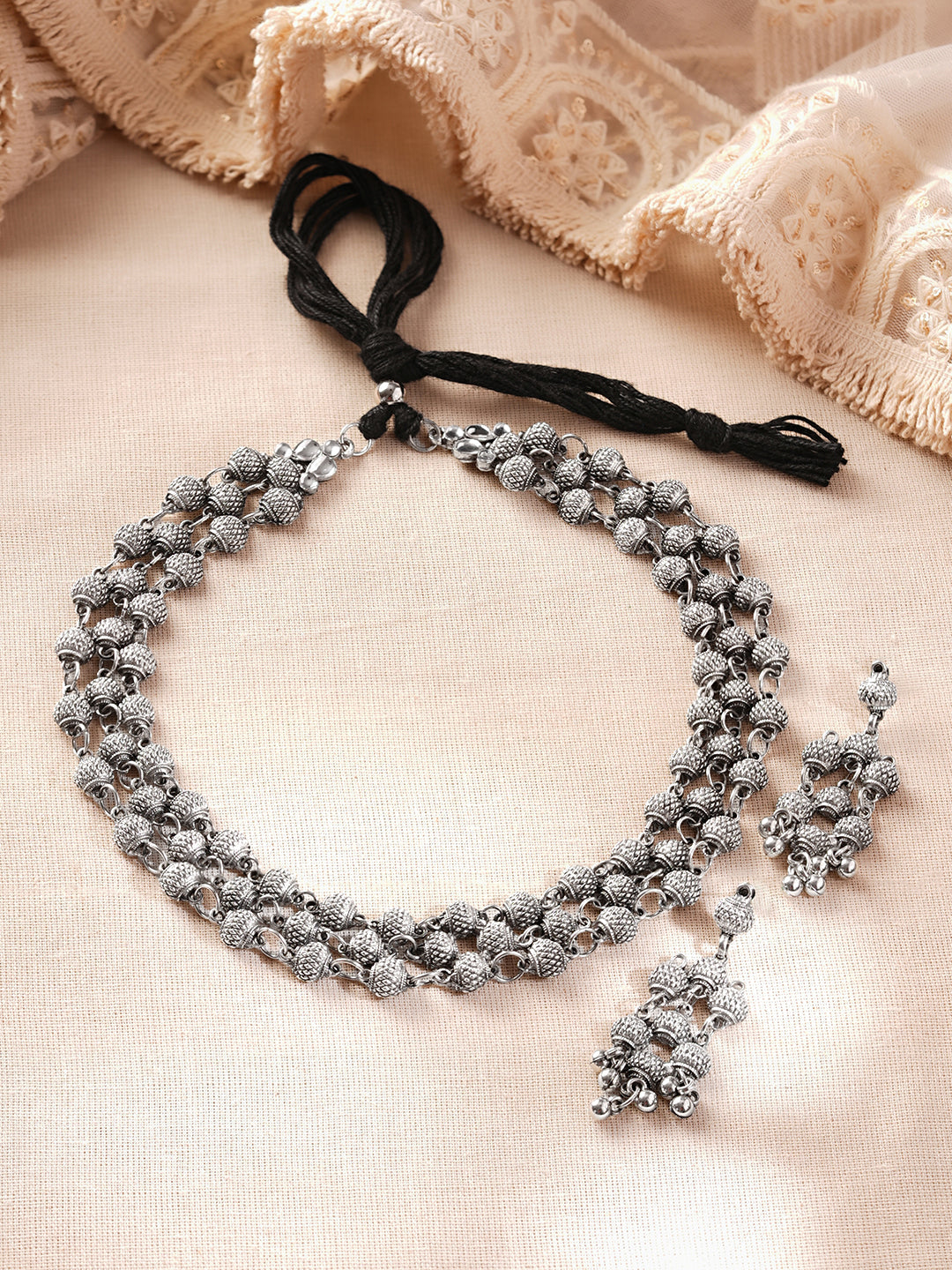 【Rubans】 Oxidised Textured Beaded Layered Statement Necklace Set｜オキシダイズド テクスチャード ビーズ レイヤード ステートメント ネックレスセット
