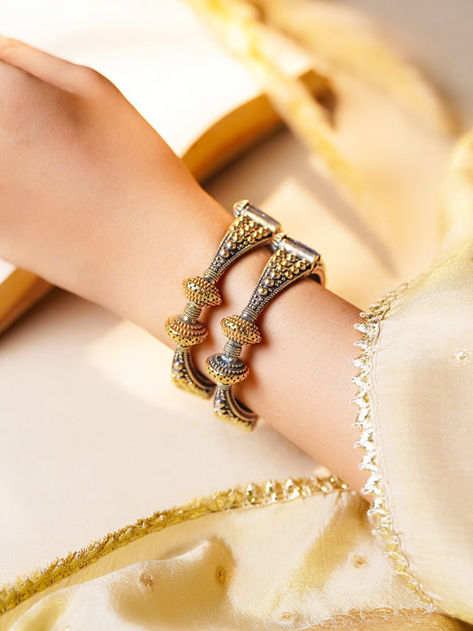 Oxidised Gold Silver Statement Dual Tone Bangles フリーサイズ