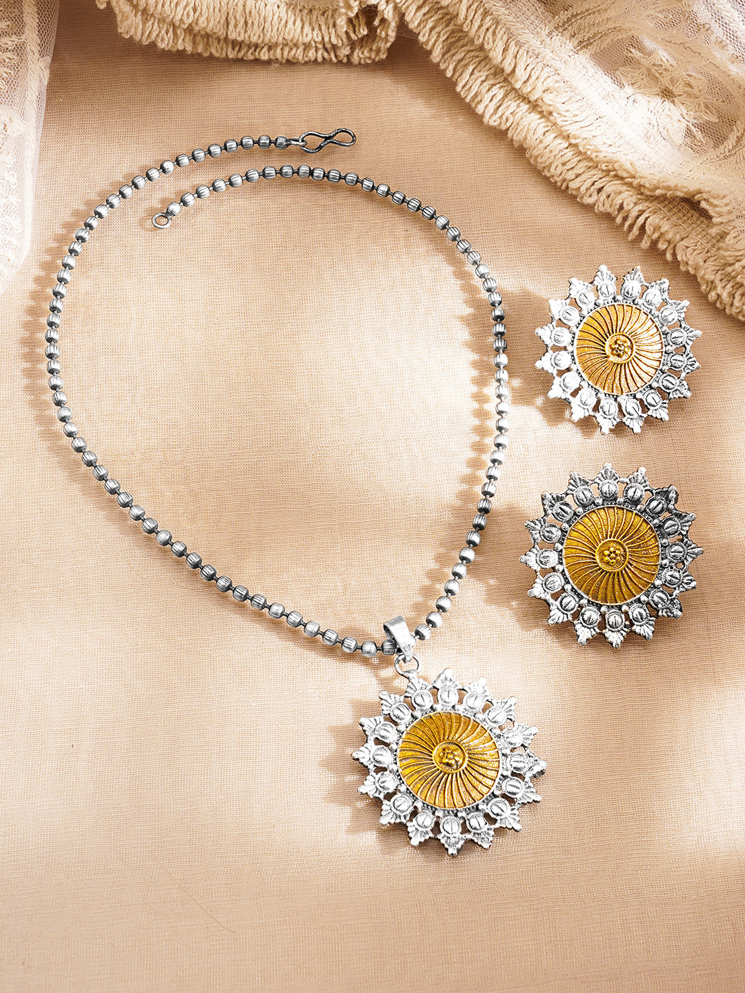 Antique Oxidised Sunburst Pendant Set フリーサイズ