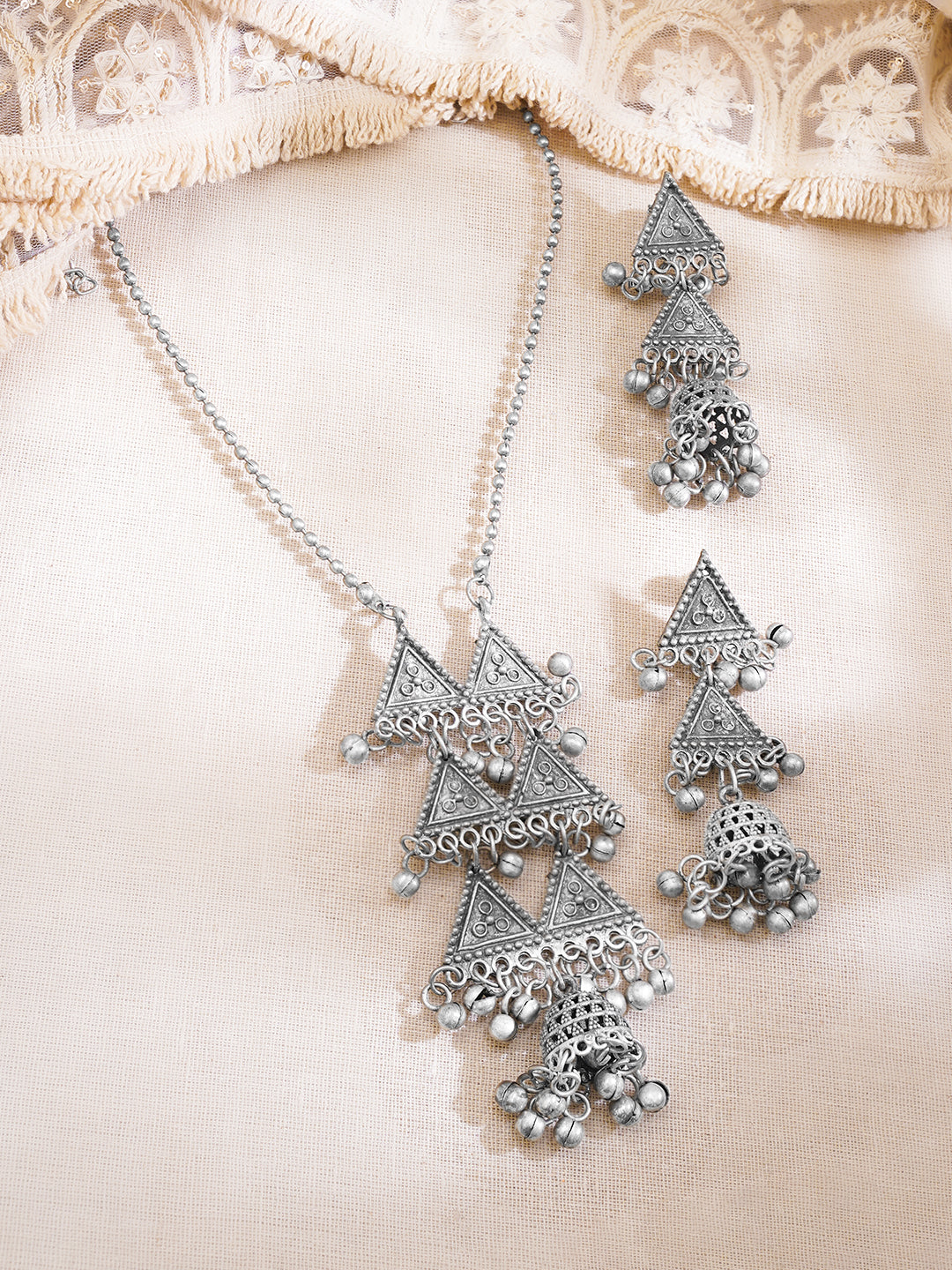 Oxidised Tribal Ghungroo Statement Necklace Set Length - 37 cm