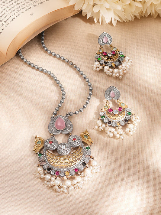 Oxidised Silver Multicolor Crescent Statement Set Length - 33 cm /Earrings : 6 cm