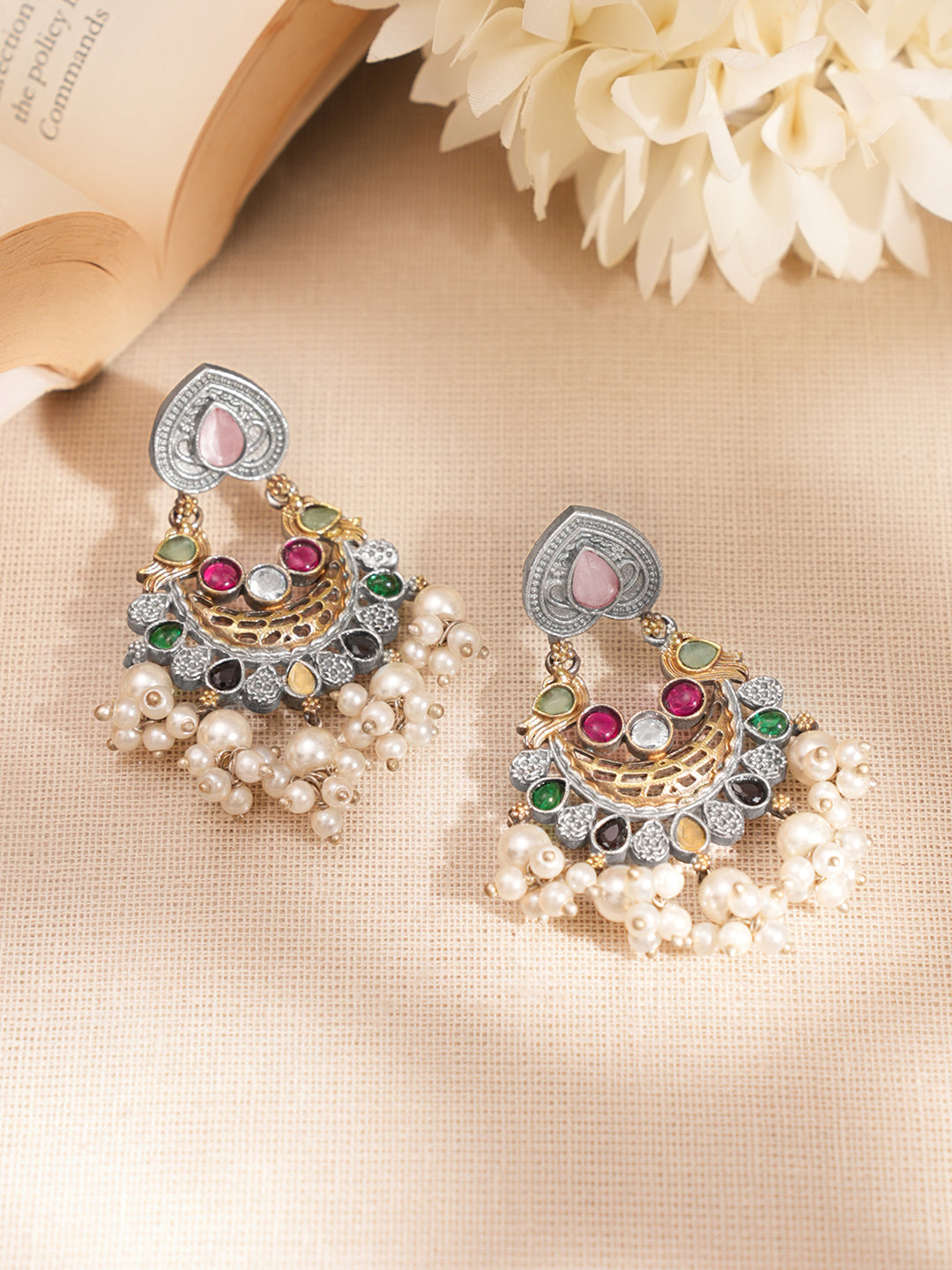 Oxidised Silver Multicolor Crescent Statement Set Length - 33 cm /Earrings : 6 cm