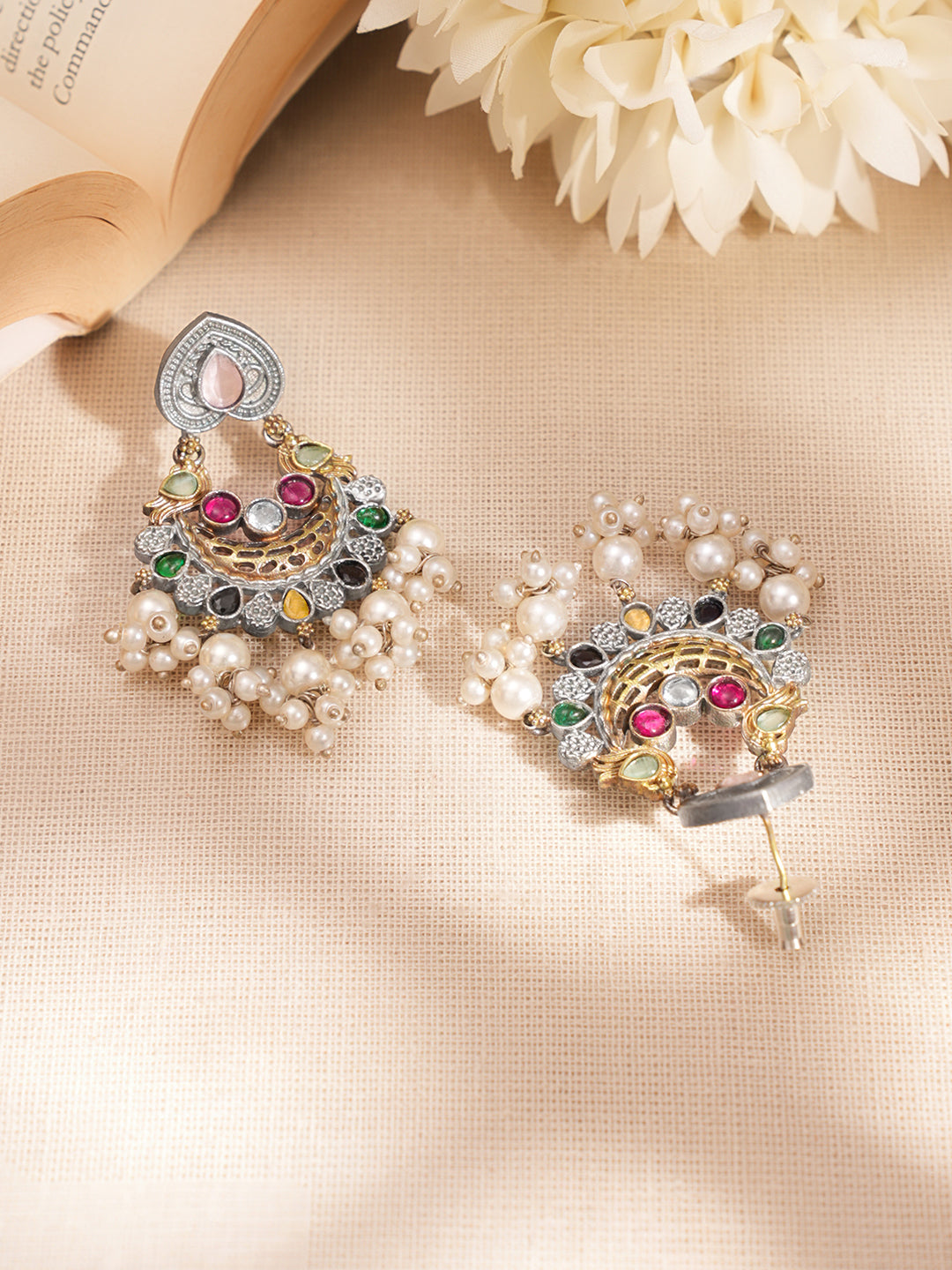 Oxidised Silver Multicolor Crescent Statement Set Length - 33 cm /Earrings : 6 cm