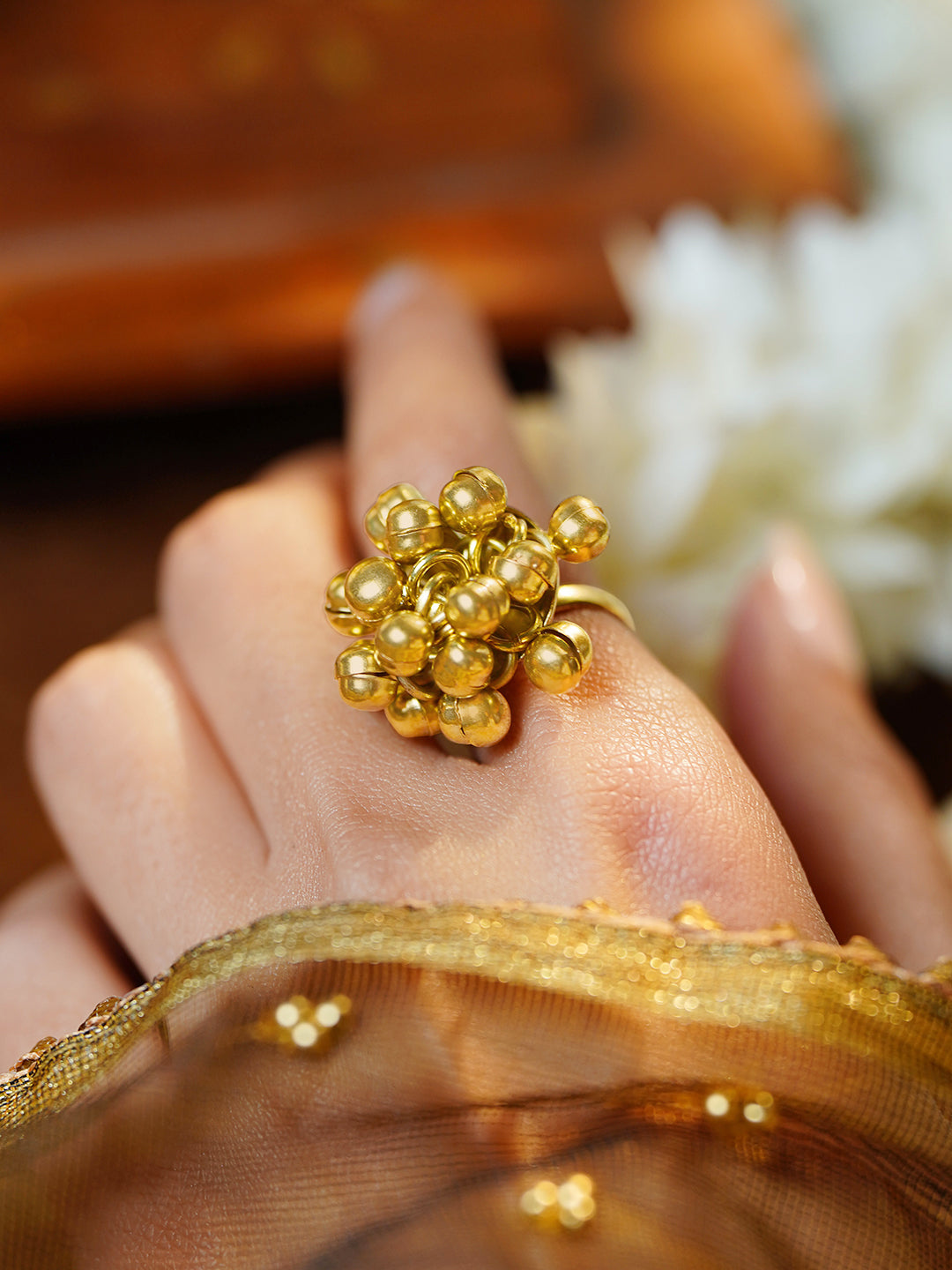 Gold Ghungroo Statement Adjustable Ring Length - Adjustable
