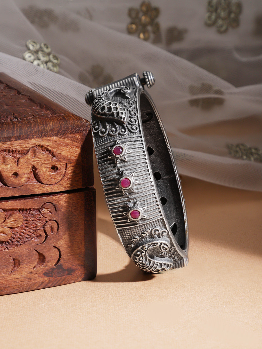 Rubans Oxidised Filigree Silver Plated Ruby Stone Handcrafted Peacock Bracelet Silver